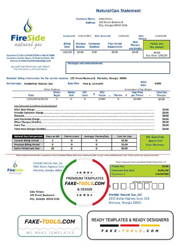 USA California’s FireSide natural gas utility bill template in Word and PDF format USA California’s FireSide natural gas utility bill template in Word and PDF format