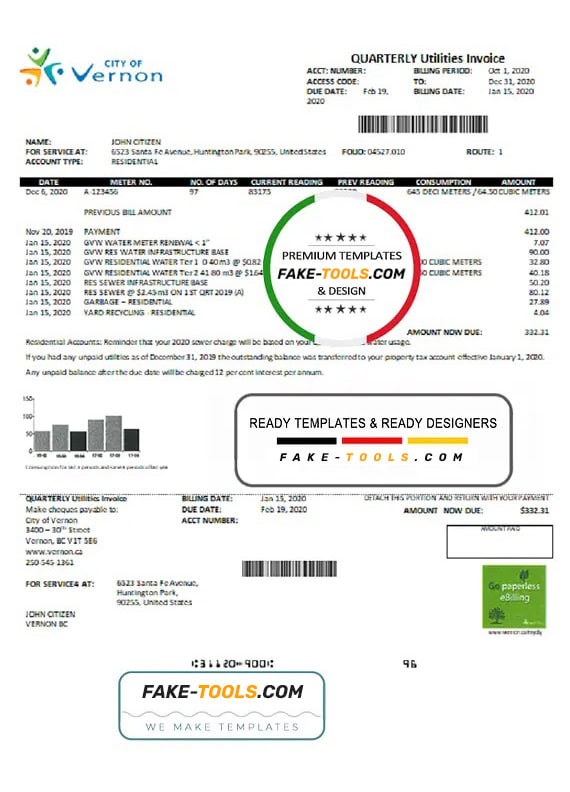 USA Canada City of Vernon water utility bill template in Word and PDF format USA Canada City of Vernon water utility bill template in Word and PDF format