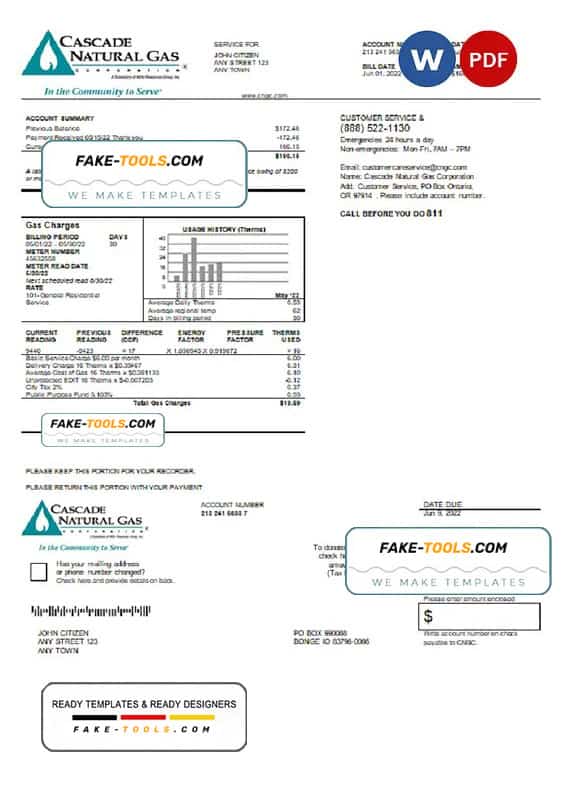 USA Cascade Natural Gas utility bill, Word and PDF template USA Cascade Natural Gas utility bill, Word and PDF template