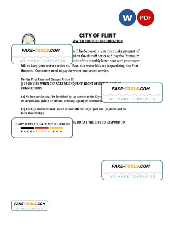 USA City of Flint Michigan water utility bill shutoff notice, Word and PDF template, version 2 USA City of Flint Michigan water utility bill shutoff notice, Word and PDF template, version 2