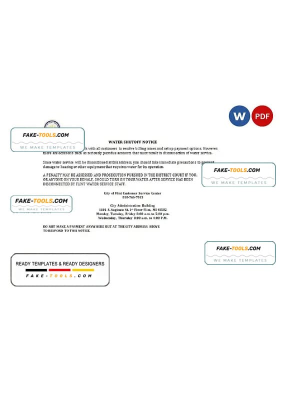 USA City of Flint Michigan water utility bill shutoff notice, Word and PDF template, version 3 USA City of Flint Michigan water utility bill shutoff notice, Word and PDF template, version 3