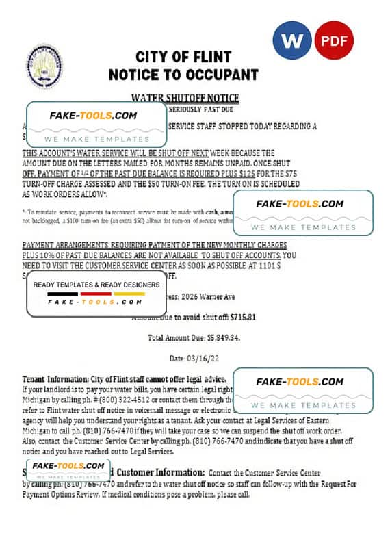 USA City of Flint Michigan Notice to occupant water utility bill shutoff notice, Word and PDF template USA City of Flint Michigan Notice to occupant water utility bill shutoff notice, Word and PDF template