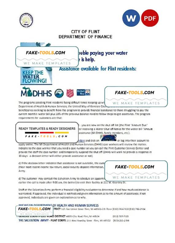 USA City of Flint Michigan Department of Finance utility bill shutoff notice, Word and PDF template USA City of Flint Michigan Department of Finance utility bill shutoff notice, Word and PDF template