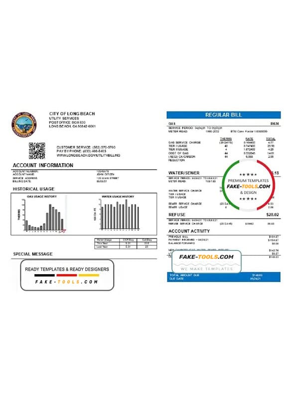 USA City of Long Beach utility bill template in Word and PDF format USA City of Long Beach utility bill template in Word and PDF format