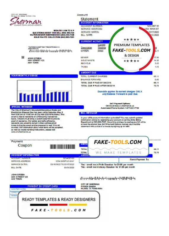 USA City of Sherman utility bill template in Word and PDF format USA City of Sherman utility bill template in Word and PDF format