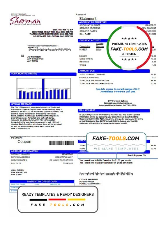 USA City of Sherman utility bill template in Word and PDF format USA City of Sherman utility bill template in Word and PDF format