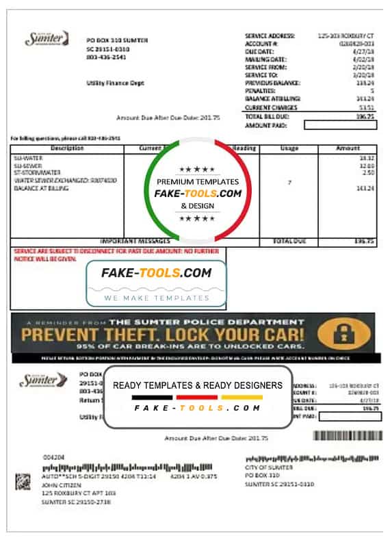 USA City of Sumter South Carolina water utility bill template in Word and PDF format USA City of Sumter South Carolina water utility bill template in Word and PDF format