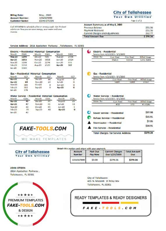 USA City of Tallahassee Florida Your Own Utilities bill template in Word and PDF format USA City of Tallahassee Florida Your Own Utilities bill template in Word and PDF format