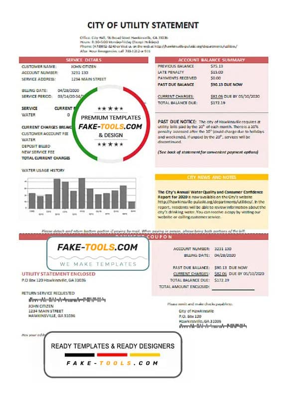 USA City of Utility Statement water utility bill template in Word and PDF format USA City of Utility Statement water utility bill template in Word and PDF format