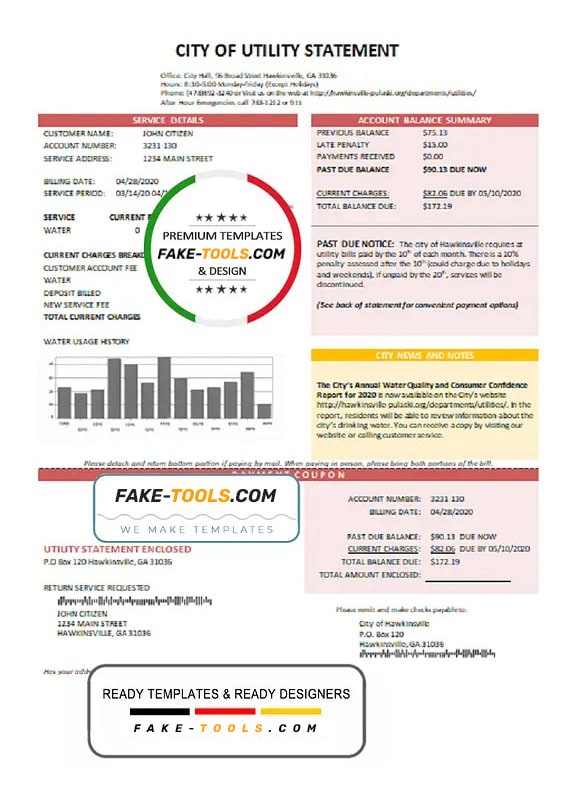 USA City of Utility Statement water utility bill template in Word and PDF format USA City of Utility Statement water utility bill template in Word and PDF format