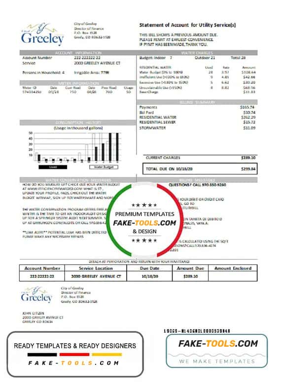USA Colorado City of Greeley water utility bill template in Word format USA Colorado City of Greeley water utility bill template in Word format