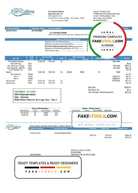 USA Colorado Fort Collins Utilities utility bill template in Word and PDF format USA Colorado Fort Collins Utilities utility bill template in Word and PDF format