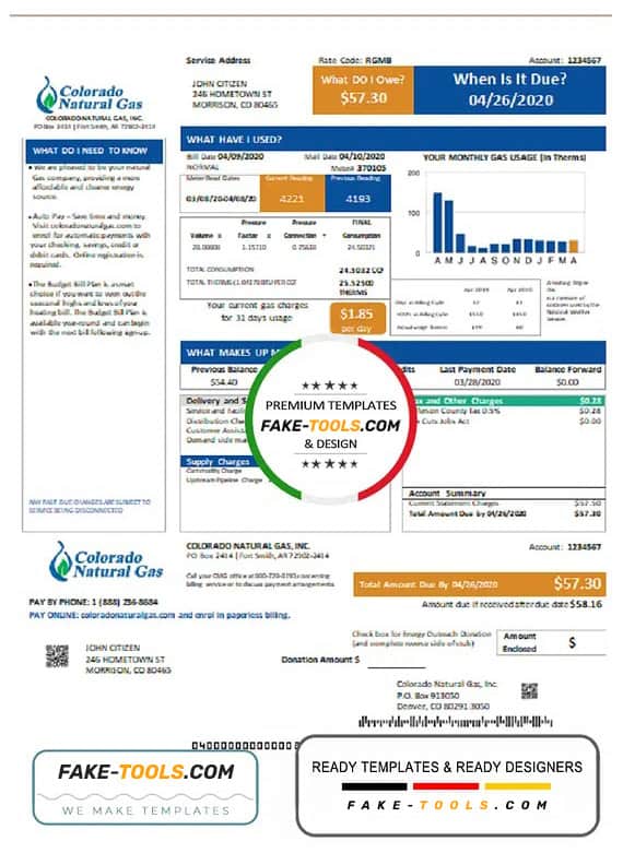 USA Colorado Natural Gas utility bill template in Word and PDF format USA Colorado Natural Gas utility bill template in Word and PDF format