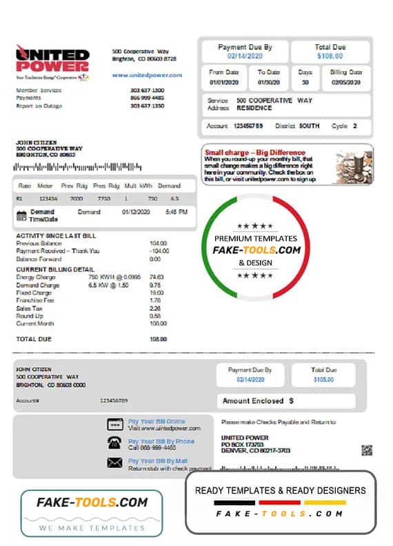 USA Colorado United Power utility bill template in Word and PDF format USA Colorado United Power utility bill template in Word and PDF format
