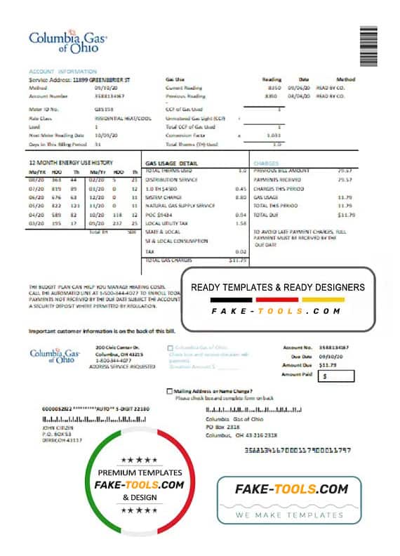 USA Columbia Gas of Ohio utility bill template in Word and PDF format USA Columbia Gas of Ohio utility bill template in Word and PDF format