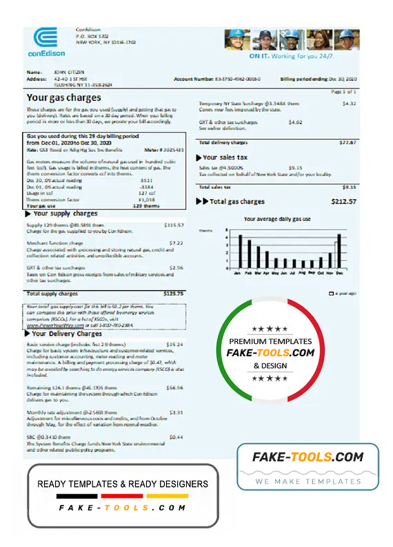 USA Con Edison gas utility bill template in Word and PDF format fake