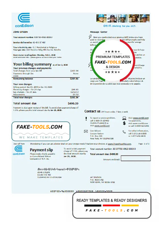 USA Con Edison electricity utility bill template in Word and PDF format