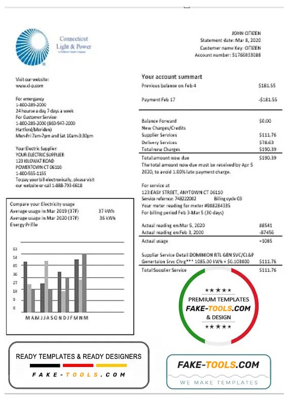 USA Connecticut Light & Power electricity utility bill in Word and PDF format USA Connecticut Light & Power electricity utility bill in Word and PDF format