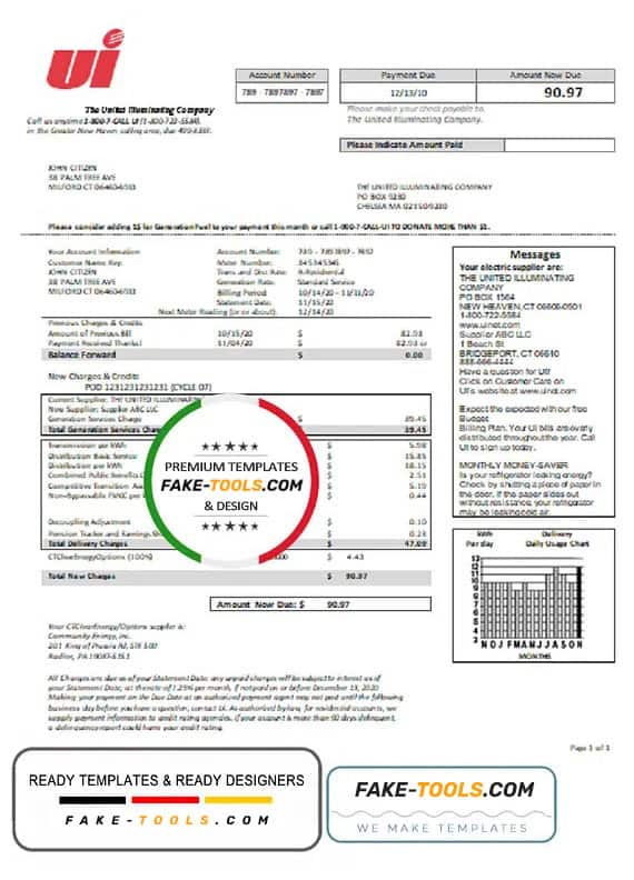 USA Connecticut The United Illuminating Company electricity utility bill template in Word and PDF format USA Connecticut The United Illuminating Company electricity utility bill template in Word and PDF format