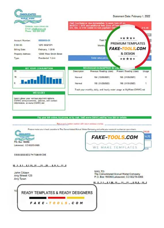 USA Consolidated Mutual Water utility bill template in Word and PDF format USA Consolidated Mutual Water utility bill template in Word and PDF format