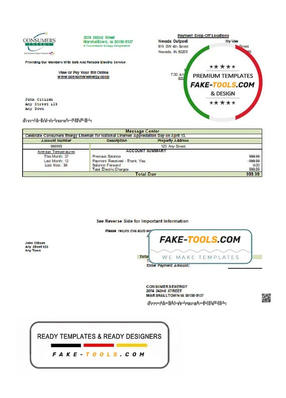 USA Consumers Energy utility bill template in Word and PDF format USA Consumers Energy utility bill template in Word and PDF format