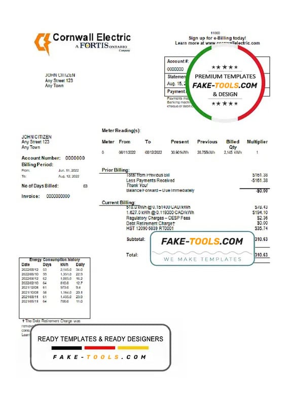 USA Cornwall Electric utility bill template in Word and PDF format USA Cornwall Electric utility bill template in Word and PDF format