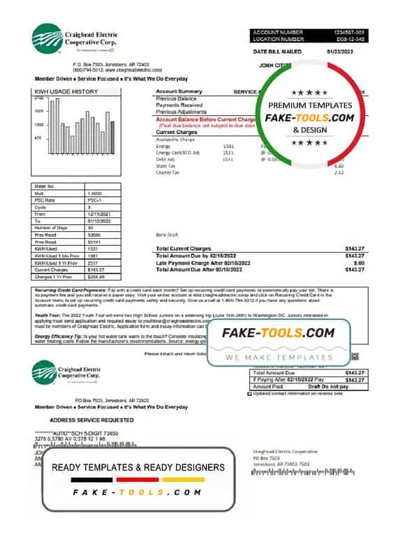 USA Craighead Electric utility bill template in Word and PDF format USA Craighead Electric utility bill template in Word and PDF format