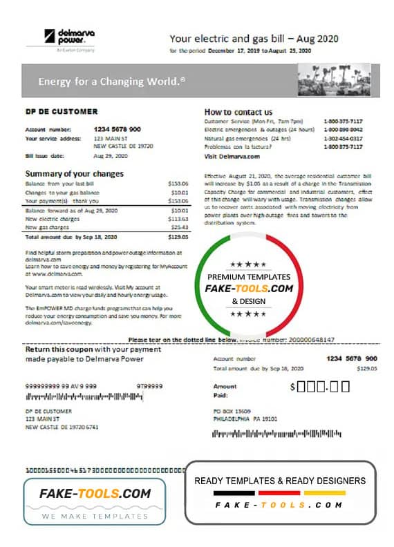 USA Delaware & Maryland Delmarva Power electric and gas utility bill template in Word and PDF format USA Delaware & Maryland Delmarva Power electric and gas utility bill template in Word and PDF format