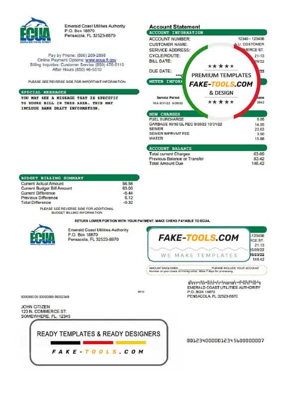 USA ECUA utility bill template in Word and PDF format USA ECUA utility bill template in Word and PDF format