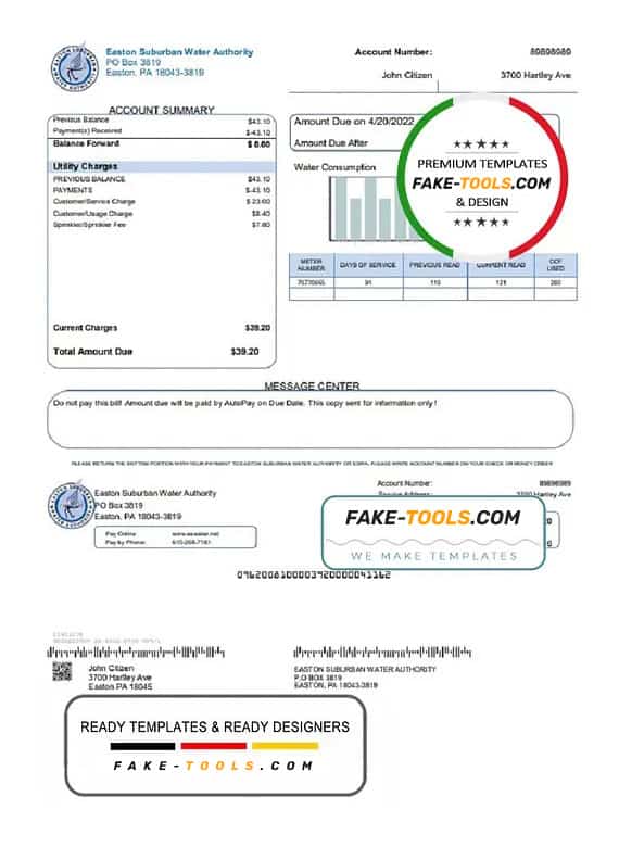 USA Eastern Suburban Water Authority utility bill template in Word and PDF format USA Eastern Suburban Water Authority utility bill template in Word and PDF format