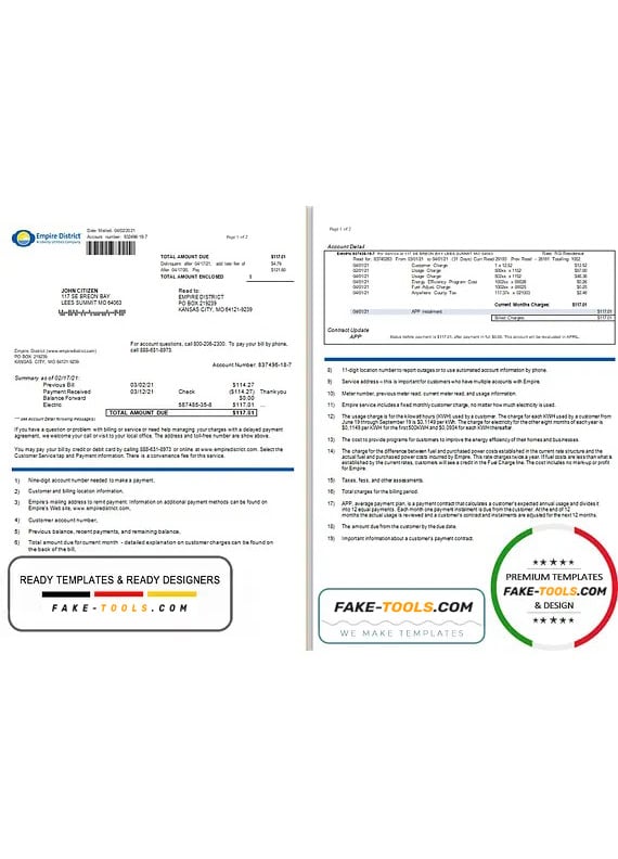 USA Empire District Electric Company utility bill template in Word and PDF format (2 pages) USA Empire District Electric Company utility bill template in Word and PDF format (2 pages)