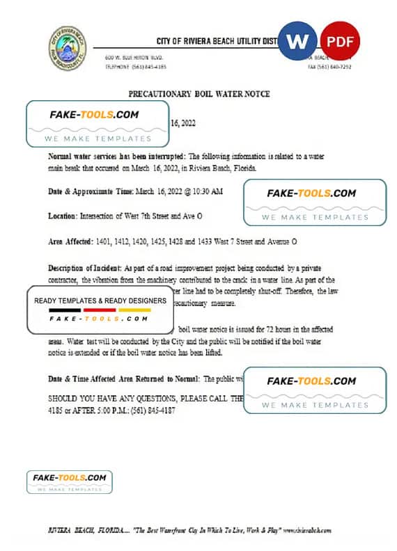 USA Florida City of Riviera Beach utility district water utility shut off notice, Word and PDF template USA Florida City of Riviera Beach utility district water utility shut off notice, Word and PDF template