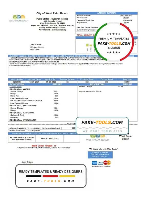USA Florida City of West Palm Beach utility bill template in Word and PDF format USA Florida City of West Palm Beach utility bill template in Word and PDF format