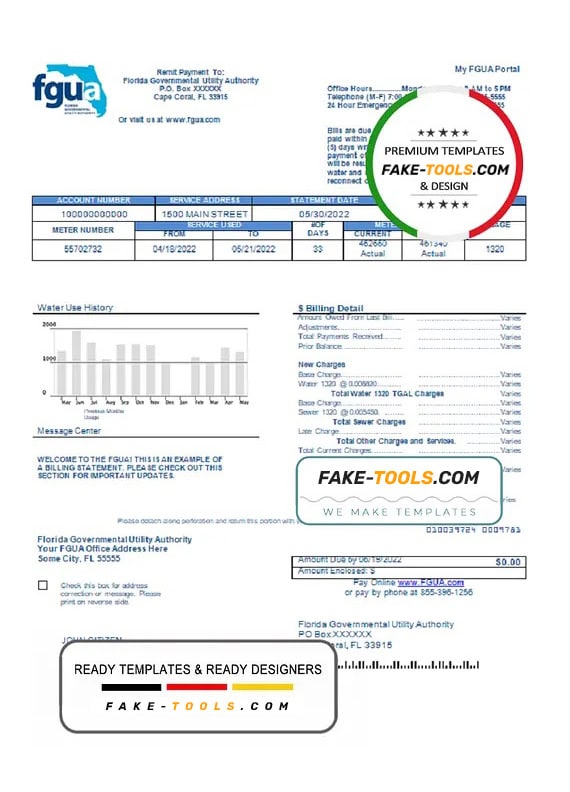 USA Florida FGUA utility bill template in Word and PDF format USA Florida FGUA utility bill template in Word and PDF format