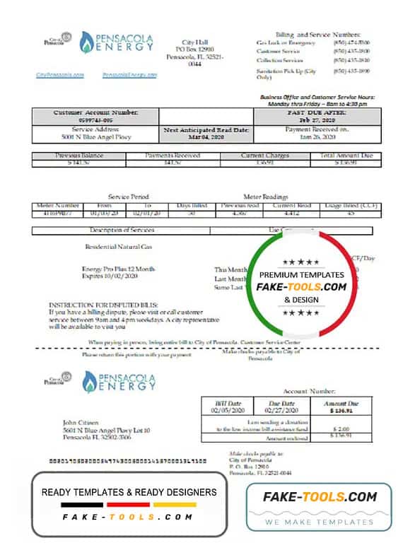 USA Florida Pensacola Energy utility bill template in Word and PDF format USA Florida Pensacola Energy utility bill template in Word and PDF format