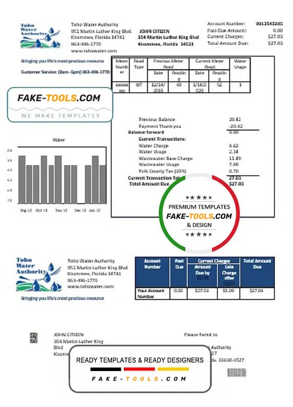 USA Florida Toho Water Authority utility bill template in Word and PDF format USA Florida Toho Water Authority utility bill template in Word and PDF format