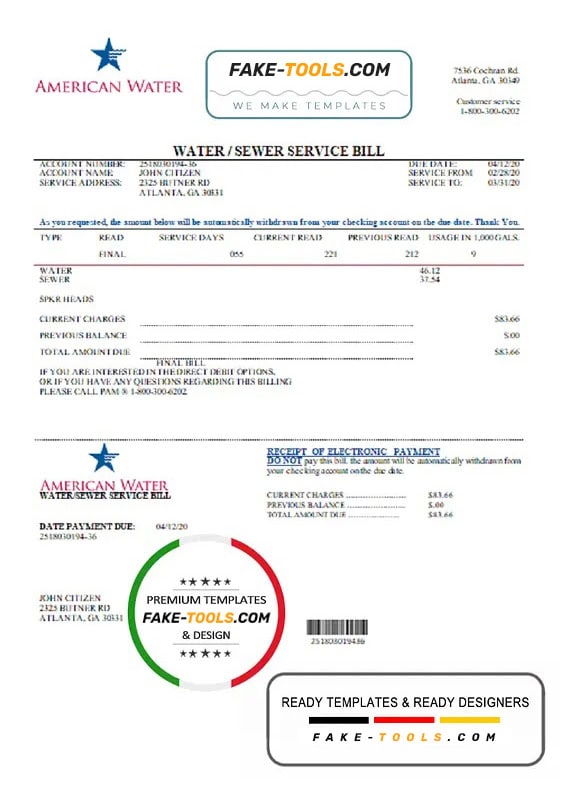 USA Georgia American Water utility bill template in Word and PDF format USA Georgia American Water utility bill template in Word and PDF format