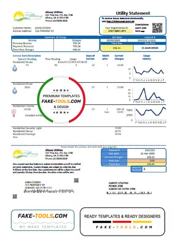 USA Georgia City of Albany water and electricity utility bill template in Word and PDF format USA Georgia City of Albany water and electricity utility bill template in Word and PDF format