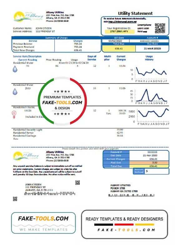 USA Georgia City of Albany water and electricity utility bill template in Word and PDF format USA Georgia City of Albany water and electricity utility bill template in Word and PDF format