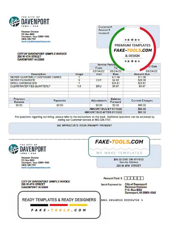 USA Iowa City of Davenport utility bill template in Word and PDF format USA Iowa City of Davenport utility bill template in Word and PDF format
