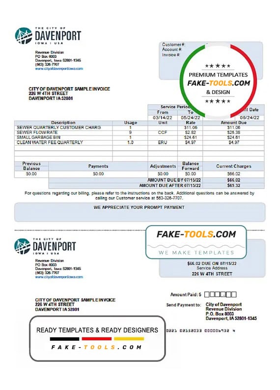 USA Iowa City of Davenport utility bill template in Word and PDF format USA Iowa City of Davenport utility bill template in Word and PDF format