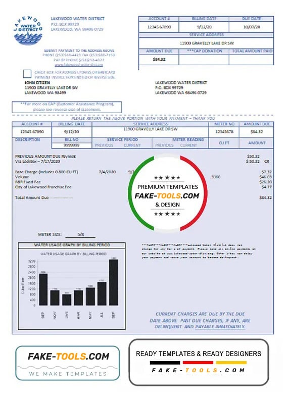 USA Lakewood Water District utility bill template in Word and PDF format USA Lakewood Water District utility bill template in Word and PDF format