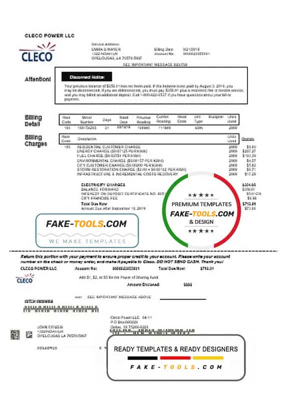 USA Louisiana Cleco Power electricity utility bill template in Word and PDF format USA Louisiana Cleco Power electricity utility bill template in Word and PDF format