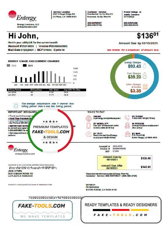 USA Louisiana Entergy utility bill template in Word and PDF format, version 2 USA Louisiana Entergy utility bill template in Word and PDF format, version 2