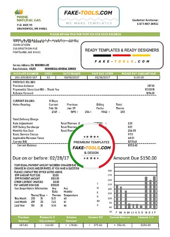 USA Maine Natural Gas Portland utility bill template in Word and PDF format USA Maine Natural Gas Portland utility bill template in Word and PDF format