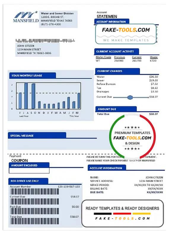 USA Mansfield Texas utility bill template in Word and PDF format (.doc and .pdf) USA Mansfield Texas utility bill template in Word and PDF format (.doc and .pdf)
