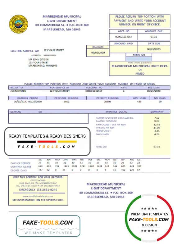 USA Marblehead Municipal Light Department utility bill template in Word and PDF format USA Marblehead Municipal Light Department utility bill template in Word and PDF format