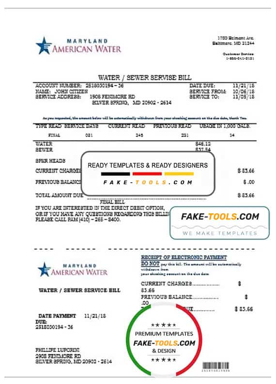 USA Maryland American water utility bill template in Word and PDF format USA Maryland American water utility bill template in Word and PDF format