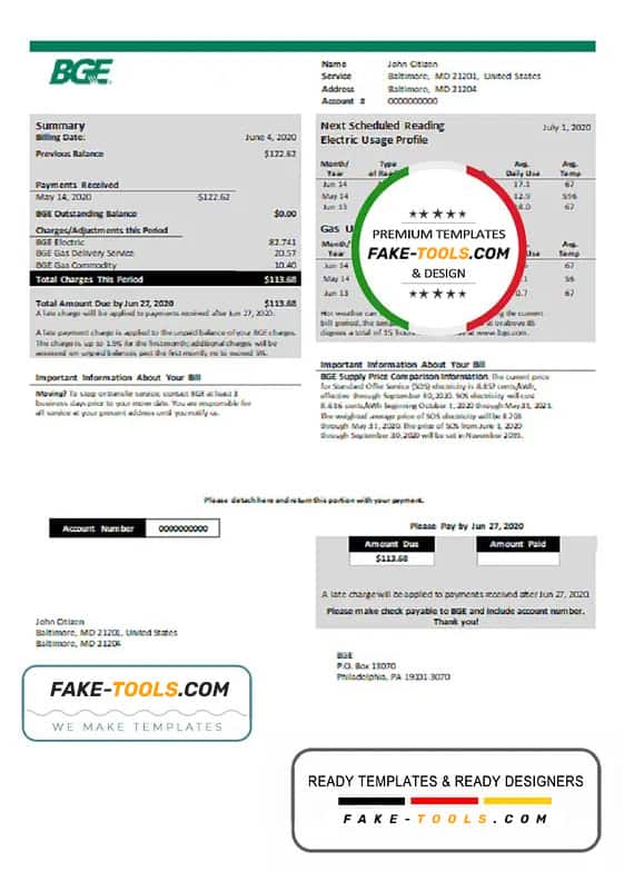 USA Maryland BGE gas and electric utility bill template in Word and PDF format USA Maryland BGE gas and electric utility bill template in Word and PDF format