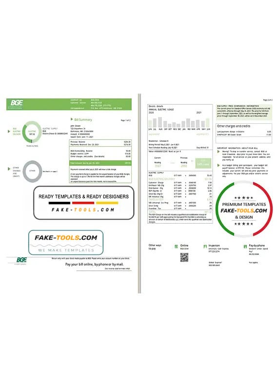 USA Maryland Baltimore Gas and Electric (BGE) utility bill template in Word and PDF format (2 pages) USA Maryland Baltimore Gas and Electric (BGE) utility bill template in Word and PDF format (2 pages)